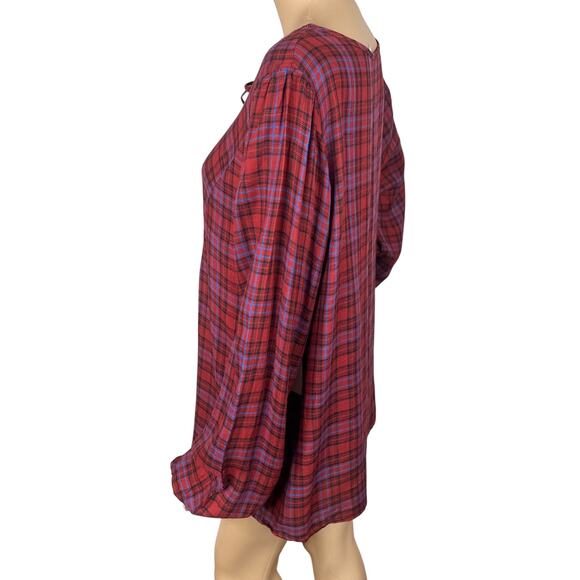 Three Dots NWT Mason Brick Red Black Plaid Babydoll Blouse Top SZ L - Picture 6 of 10